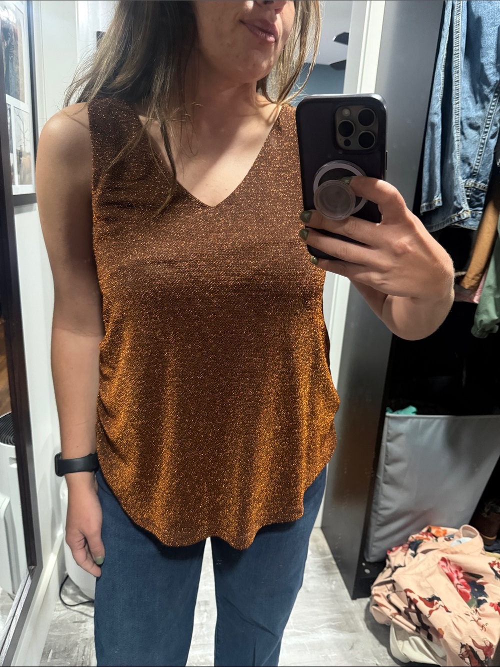 Sleeveless Shimmer V-Neck Top in Metallic Copper